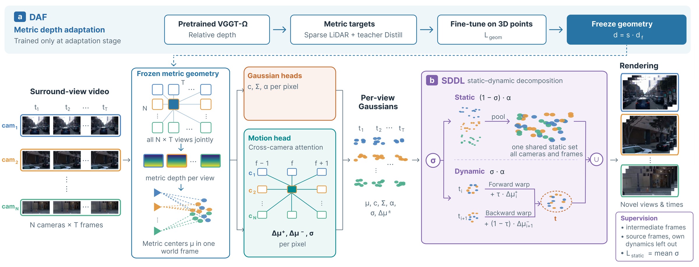 Framework: DAF fine-tunes and freezes VGGT-Omega for metric depth; all cameras are processed jointly with cross-camera attention; SDDL splits Gaussians into shared static and warped dynamic parts.